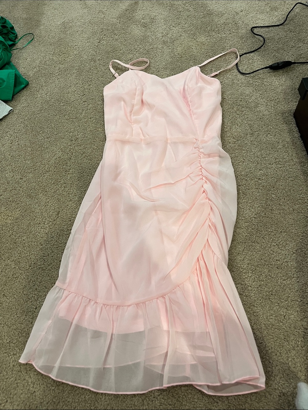 Lucy in the sky Light Pink Ruched Spaghetti Strap Midi Dress